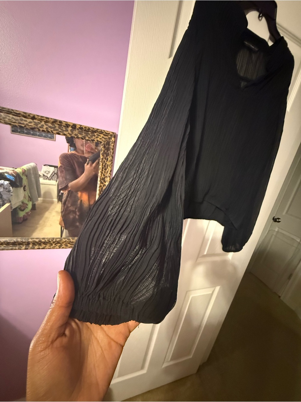White House Black Market Black Pleated V-Neck Long Sleeve Blouse - Picture 2 of 6